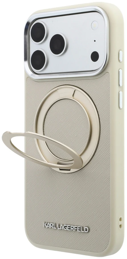 Karl Lagerfeld PU Saffiano dėklas su žiediniu stovu ir MagSafe funkcija, skirtas iPhone 18 Pro, smėlio spalvos