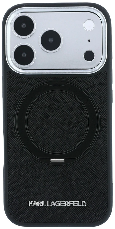 Dėklas Karl Lagerfeld case for IPHONE 18 Pro Max/17 Pro Max compatible with MagSafe (Ring Stand 360 Saffiano Classic Logo) juodas