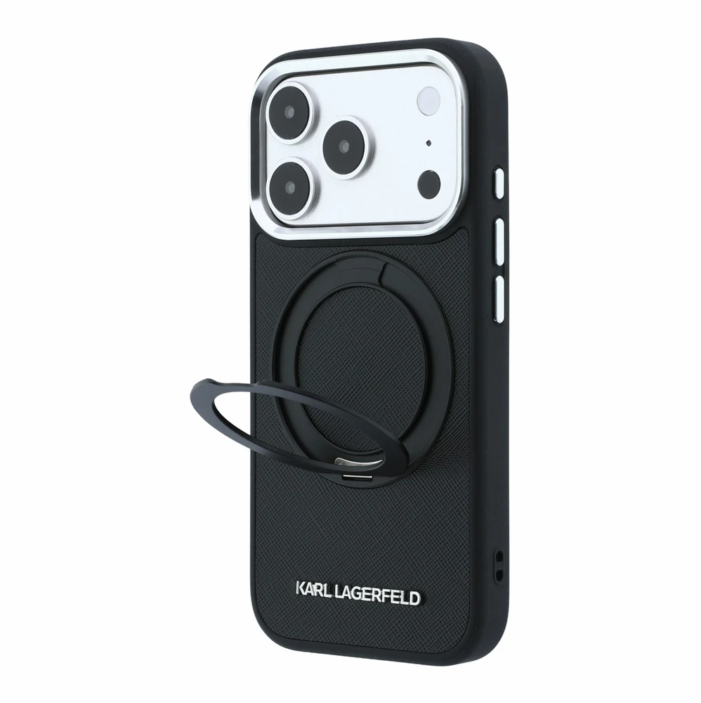 Karl Lagerfeld PU Saffiano dėklas su žiediniu stovu ir MagSafe funkcija, skirtas iPhone 18 Pro, juodas