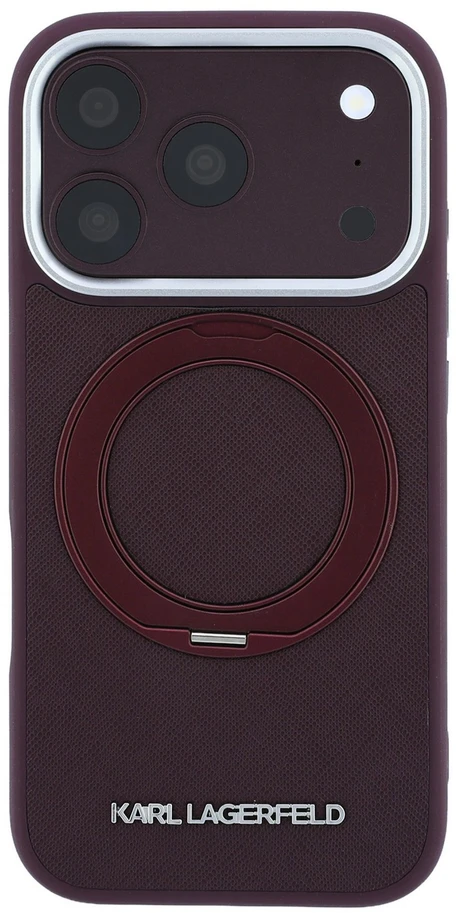 Karl Lagerfeld dėklas IPHONE 18 Pro/17 Pro, suderinamas su MagSafe (Ring Stand 360 Saffiano Classic Logo) bordinės spalvos