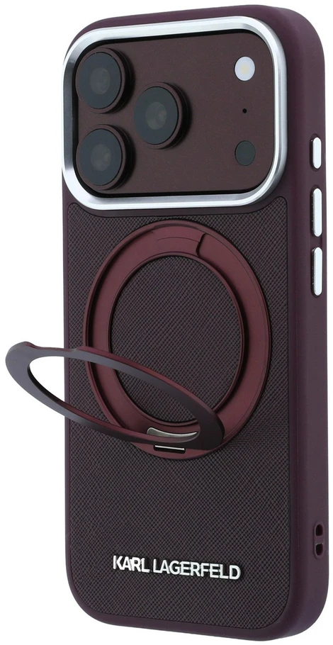 Karl Lagerfeld dėklas IPHONE 18 Pro/17 Pro, suderinamas su MagSafe (Ring Stand 360 Saffiano Classic Logo) bordinės spalvos