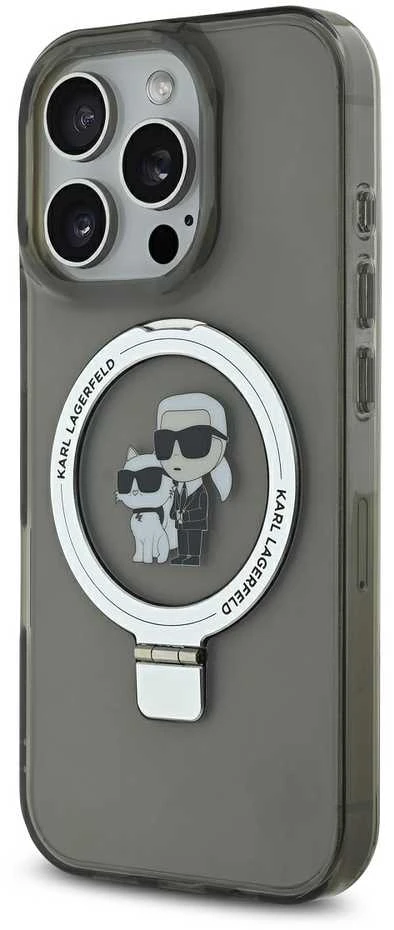 Karl Lagerfeld Ringstand Karl and Choupette MagSafe Apple iPhone 16 Pro Max dėklas telefonui juodos spalvos
