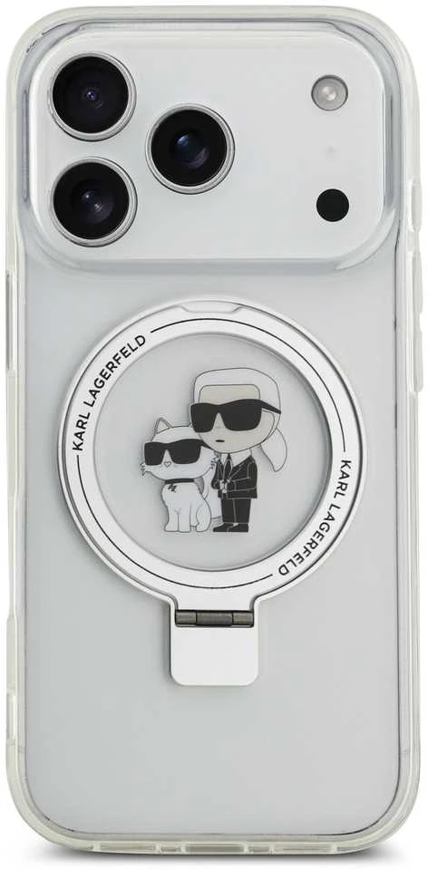 Karl Lagerfeld Ringstand Karl and Choupette MagSafe dėklas skirtas Apple iPhone 17 Pro baltos spalvos