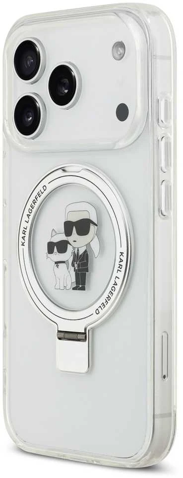 Karl Lagerfeld Ringstand Karl and Choupette MagSafe dėklas skirtas Apple iPhone 17 Pro baltos spalvos