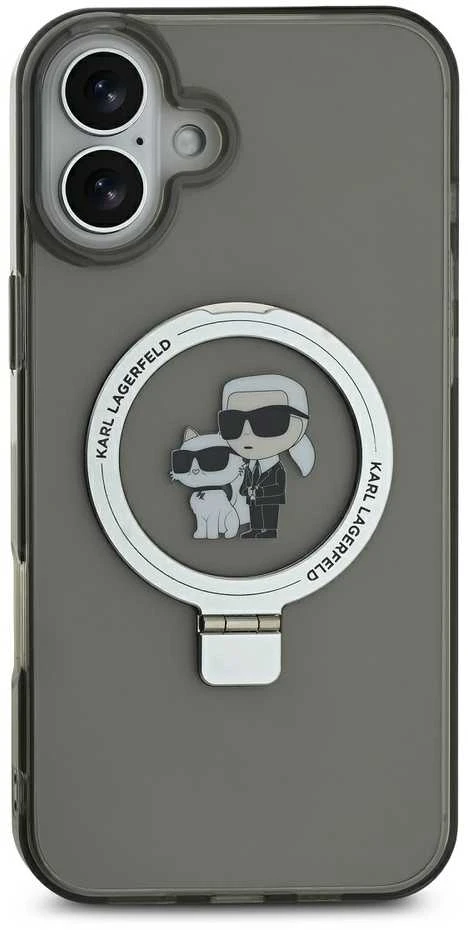 Karl Lagerfeld Ringstand Karl and Choupette MagSafe Apple iPhone 16 dėklas telefonui juodos spalvos