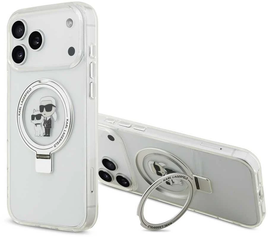 Karl Lagerfeld Ringstand Karl and Choupette MagSafe dėklas skirtas Apple iPhone 17 Pro Max baltos spalvos
