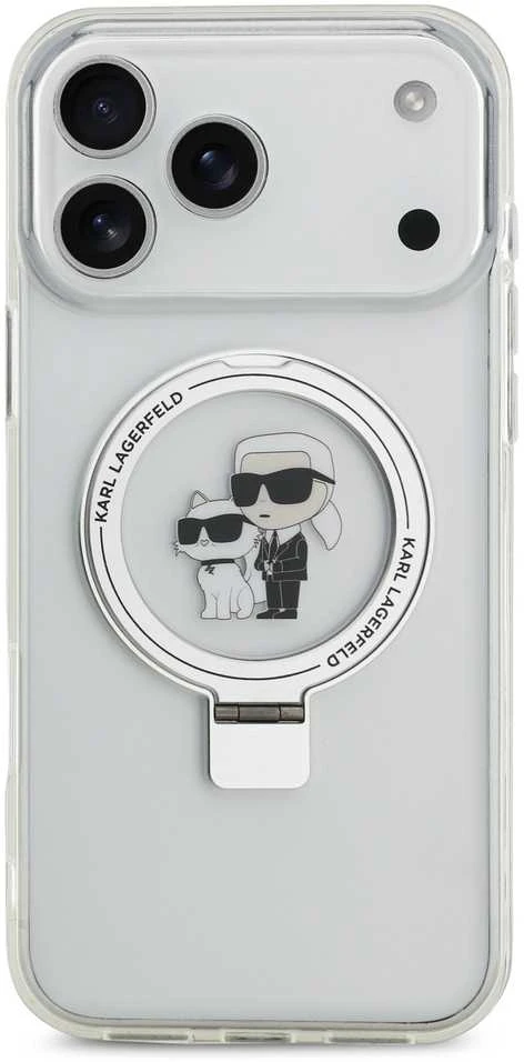 Karl Lagerfeld Ringstand Karl and Choupette MagSafe dėklas skirtas Apple iPhone 17 Pro Max baltos spalvos