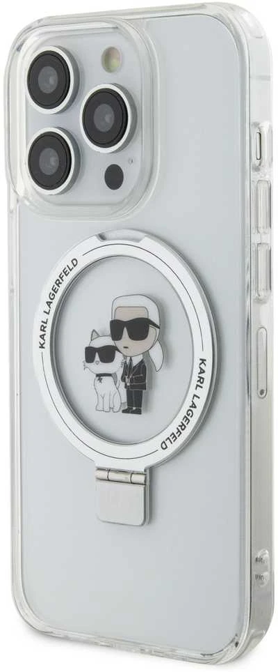 Karl Lagerfeld dėklas, skirtas iPhone 15 Pro 6,1 KLHMP15LHMRSKCH baltos spalvos HC MAGSAFE RINGSTAND KC