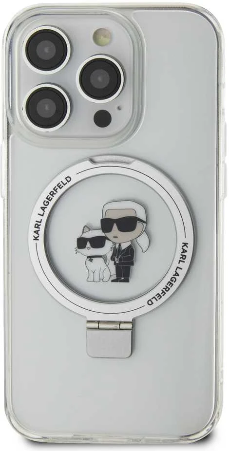 Karl Lagerfeld dėklas, skirtas iPhone 15 Pro 6,1 KLHMP15LHMRSKCH baltos spalvos HC MAGSAFE RINGSTAND KC