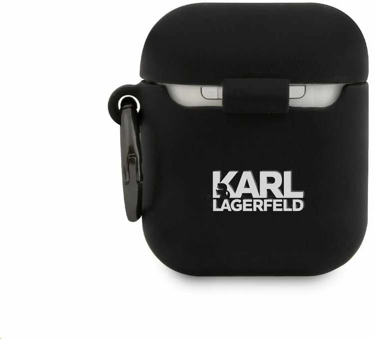 Karl Lagerfeld Rue St Guillaume silikoninis dėklas ausinėms AirPods 1/2 juodos spalvos