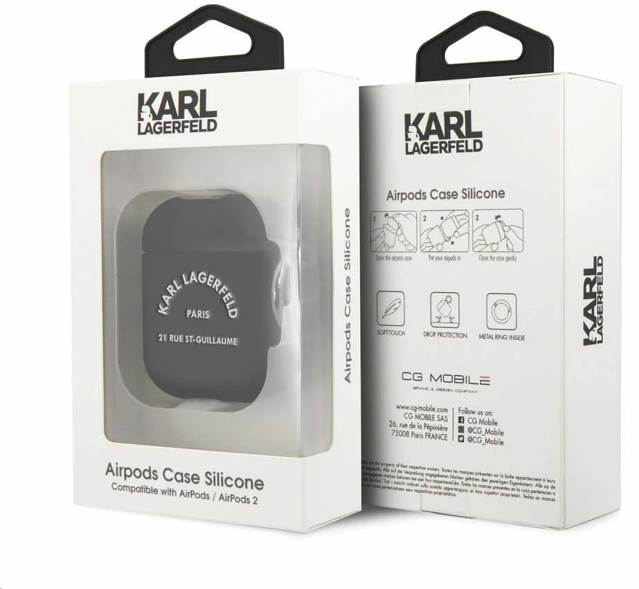 Karl Lagerfeld Rue St Guillaume silikoninis dėklas ausinėms AirPods 1/2 juodos spalvos