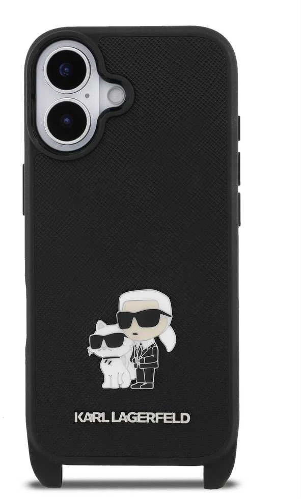 Karl Lagerfeld Saffiano Crossbody Strap Metal Karl and Choupette dėklas skirtas Apple iPhone 17 juodos spalvos