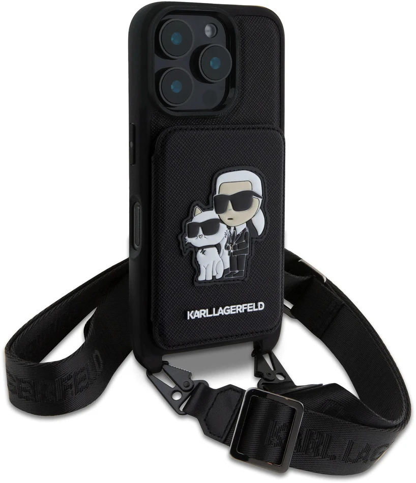 Karl Lagerfeld Saffiano Crossbody su dirželiu Karl ir Choupette dėklas iPhone 16 Pro Max juodos spalvos