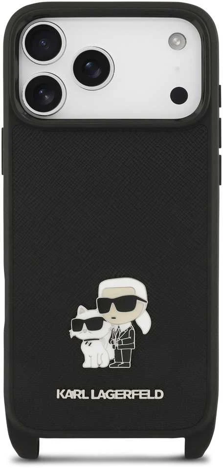 Karl Lagerfeld Saffiano Crossbody Strap Metal Karl and Choupette dėklas skirtas Apple iPhone 17 Pro juodos spalvos