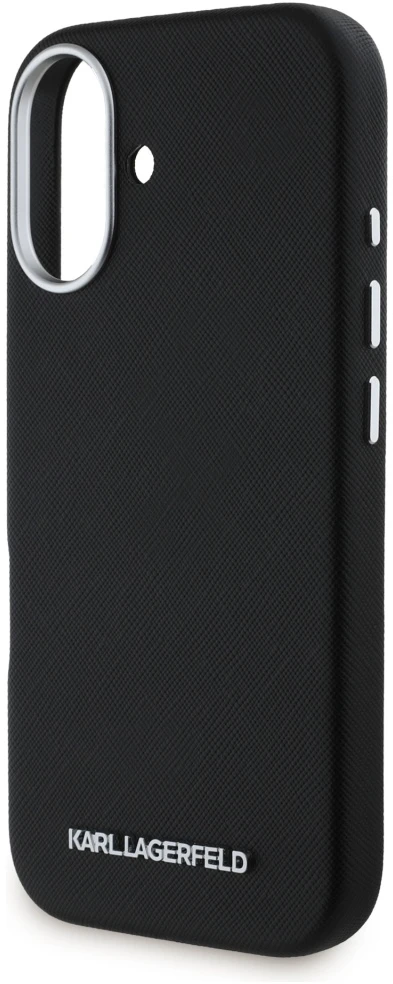 Dėklas Karl Lagerfeld Saffiano Full Wrapped Elongated Metal Logo MagSafe Apple iPhone 16 juodos spalvos