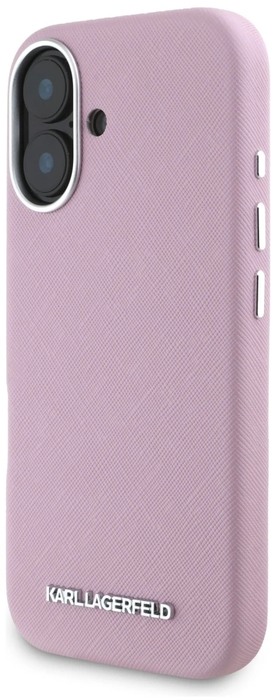 Dėklas Karl Lagerfeld Saffiano Full Wrapped Elongated Metal Logo MagSafe Apple iPhone 16 rožinės spalvos