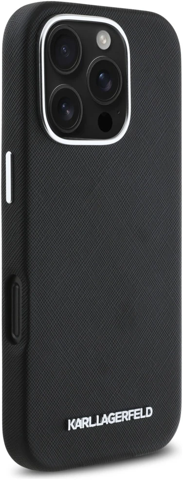 Dėklas Karl Lagerfeld Saffiano Full Wrapped Elongated Metal Logo MagSafe Apple iPhone 16 Pro juodos spalvos