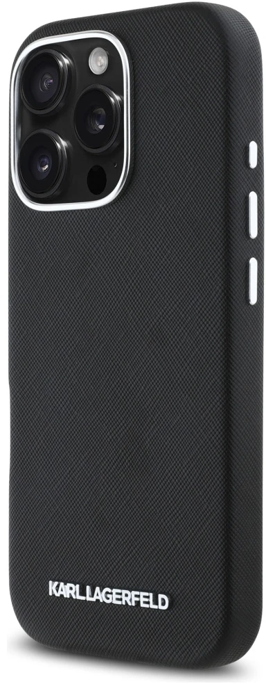 Dėklas Karl Lagerfeld Saffiano Full Wrapped Elongated Metal Logo MagSafe Apple iPhone 16 Pro juodos spalvos
