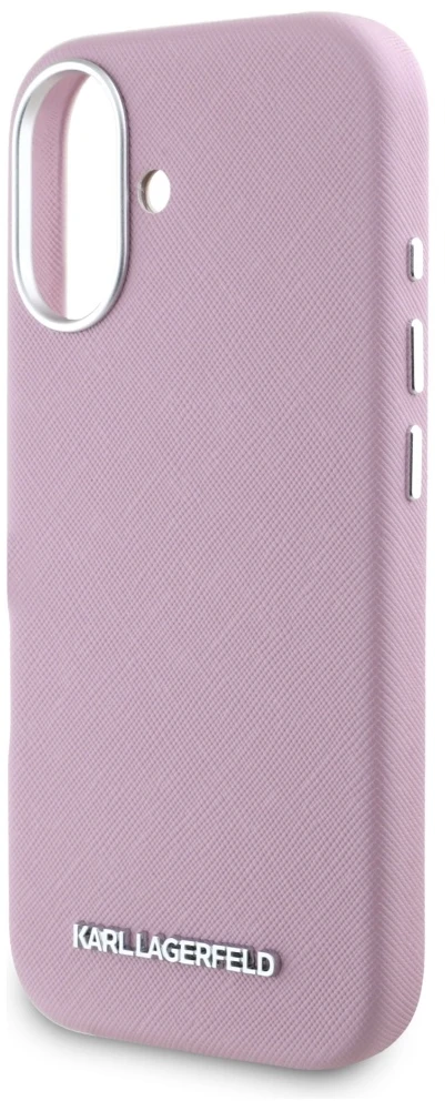 Dėklas Karl Lagerfeld Saffiano Full Wrapped Elongated Metal Logo MagSafe Apple iPhone 16 rožinės spalvos
