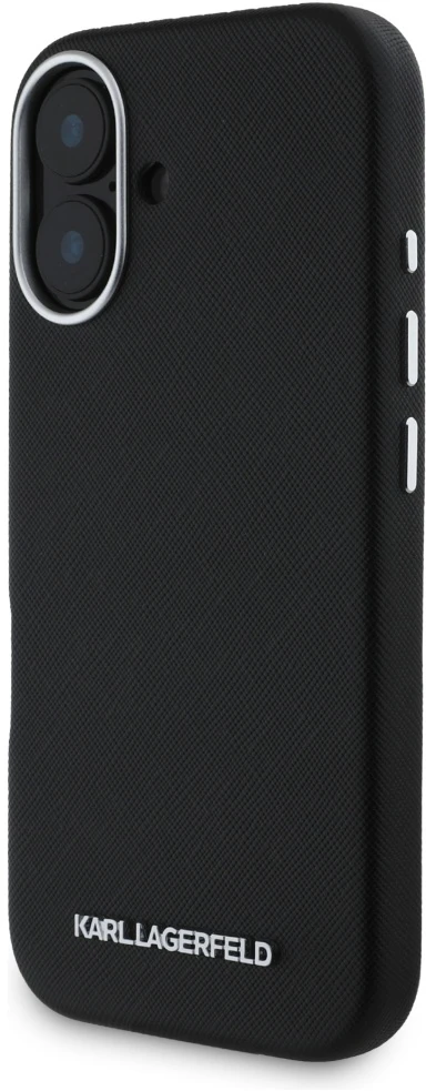 Dėklas Karl Lagerfeld Saffiano Full Wrapped Elongated Metal Logo MagSafe Apple iPhone 16 juodos spalvos