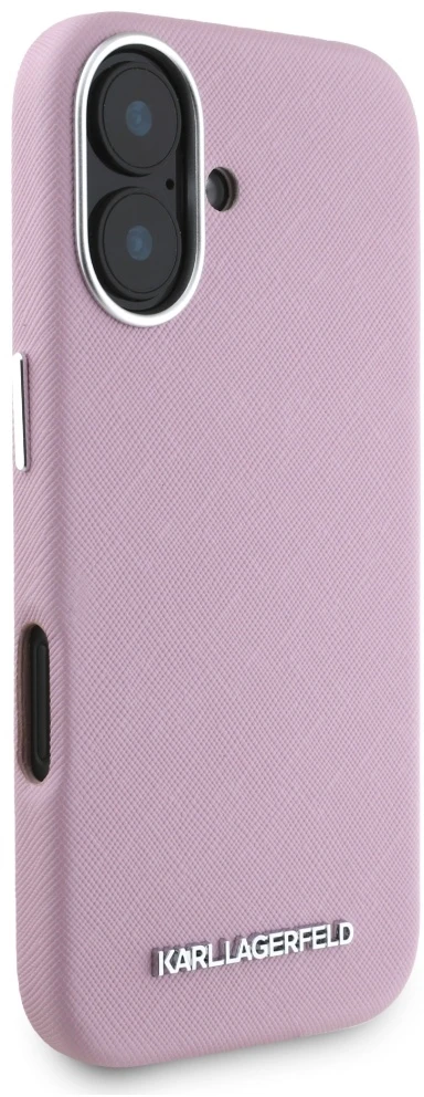 Dėklas Karl Lagerfeld Saffiano Full Wrapped Elongated Metal Logo MagSafe Apple iPhone 16 rožinės spalvos