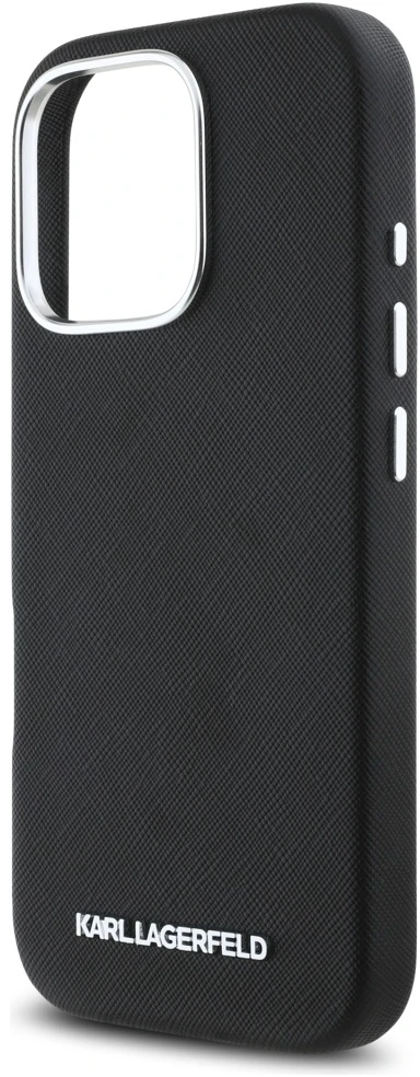 Dėklas Karl Lagerfeld Saffiano Full Wrapped Elongated Metal Logo MagSafe Apple iPhone 16 Pro juodos spalvos