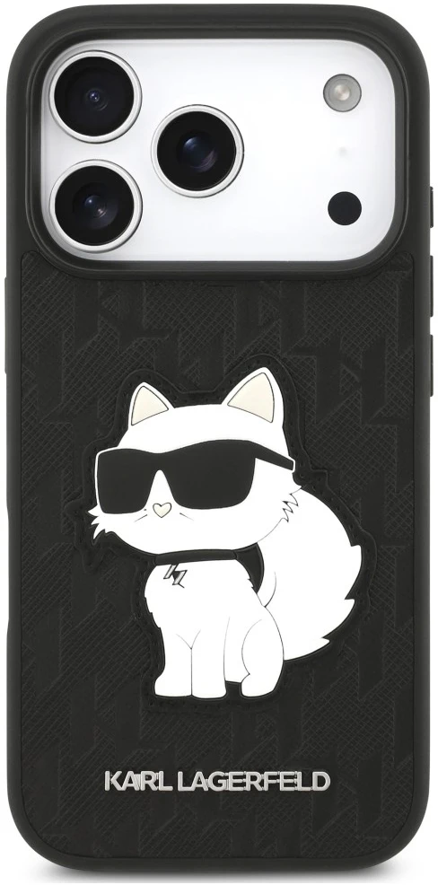 Karl Lagerfeld Saffiano Mono Patch Choupette dėklas, skirtas iPhone 18 Pro / 17 Pro, juodas
