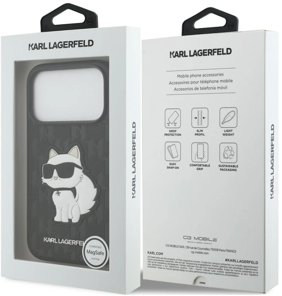 Karl Lagerfeld Saffiano Mono Patch Choupette dėklas, skirtas iPhone 18 Pro / 17 Pro, juodas