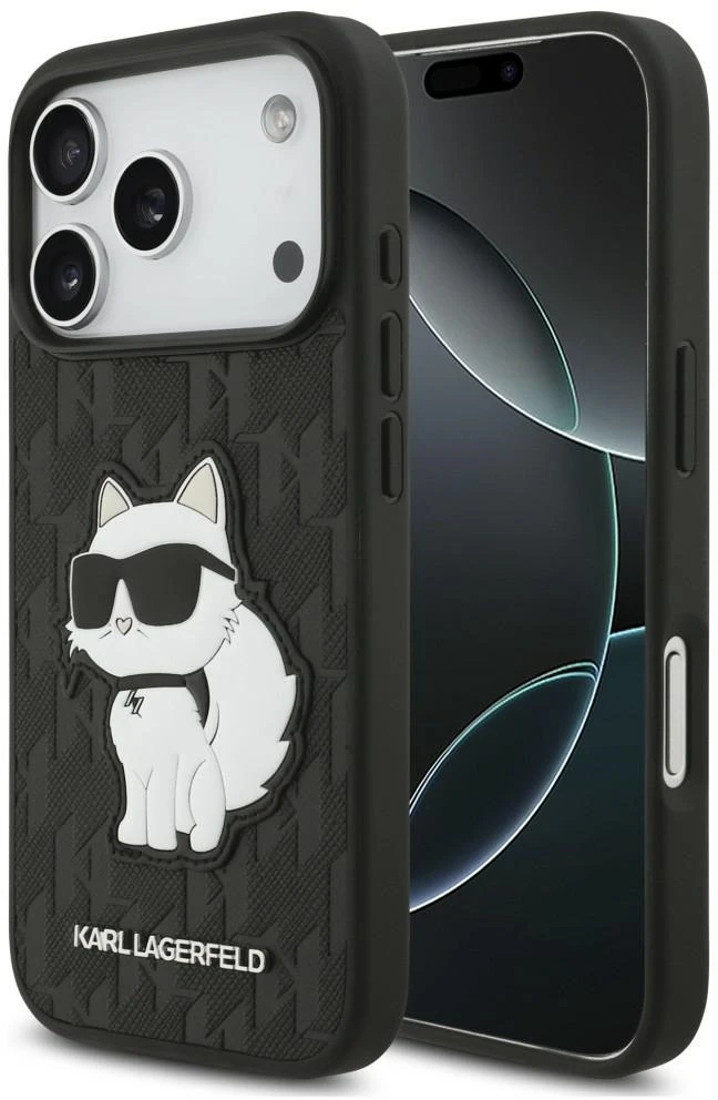 Karl Lagerfeld Saffiano Mono Patch Choupette dėklas, skirtas iPhone 18 Pro / 17 Pro, juodas