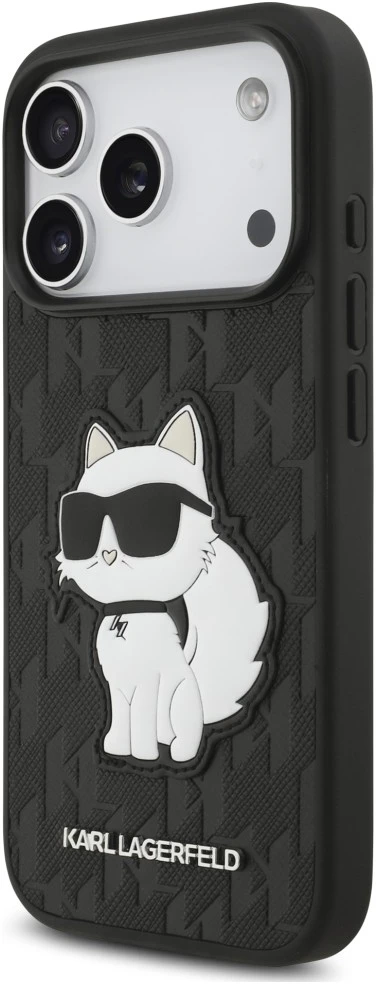 Karl Lagerfeld Saffiano Mono Patch Choupette dėklas, skirtas iPhone 18 Pro / 17 Pro, juodas