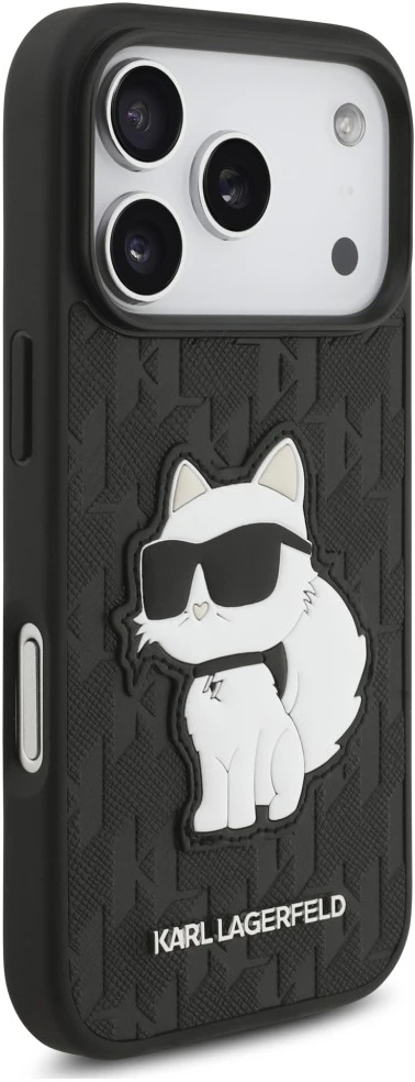 Karl Lagerfeld Saffiano Mono Patch Choupette dėklas, skirtas iPhone 18 Pro / 17 Pro, juodas