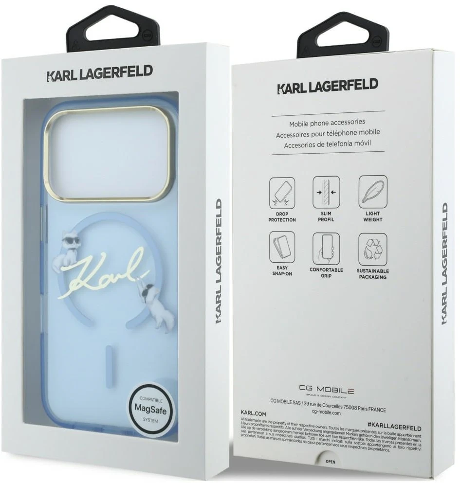 Karl Lagerfeld Script Logo MagSafe dėklas, skirtas iPhone 18 Pro / 17 Pro, šviesiai mėlynas