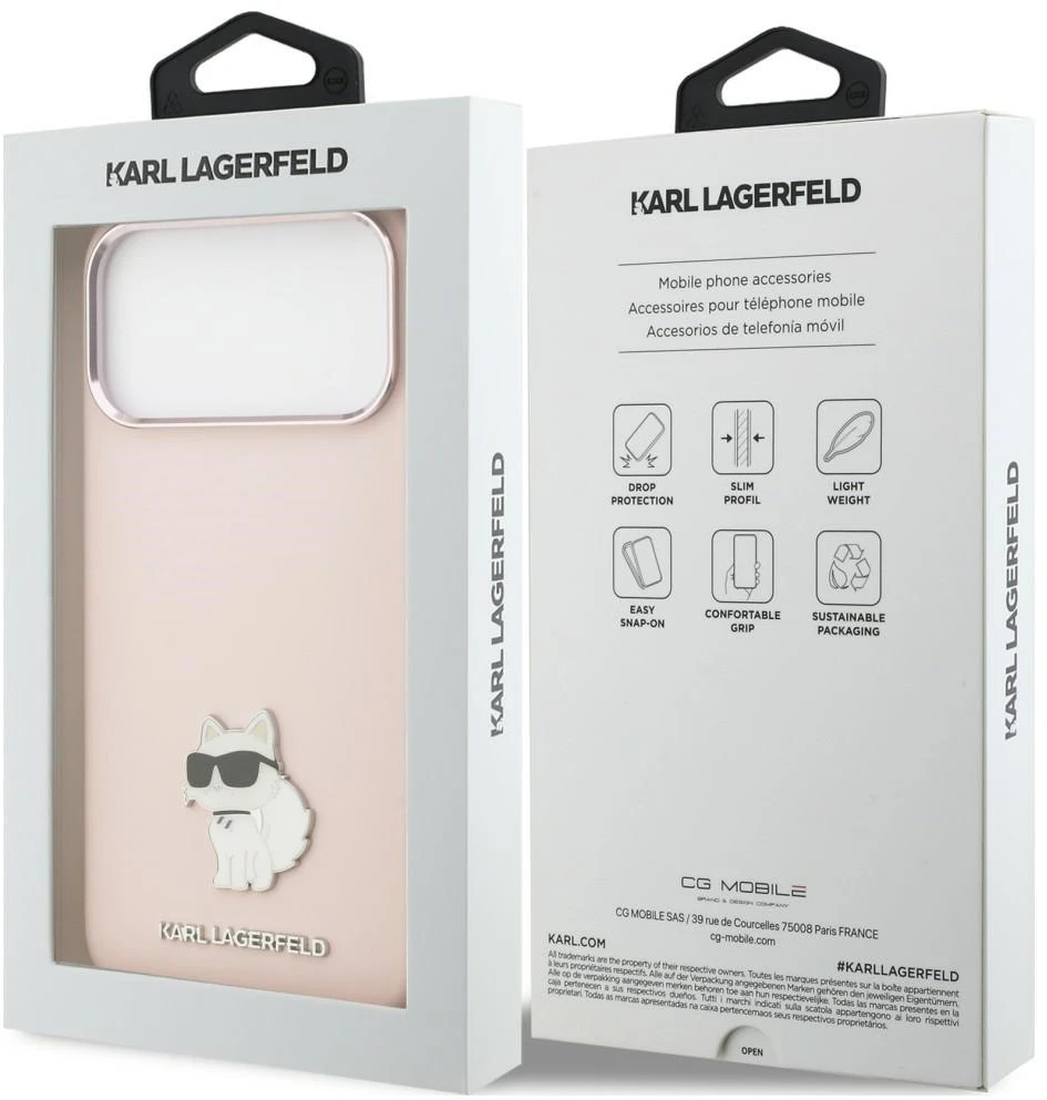 Karl Lagerfeld silikoninis Choupette metalinis kaištis dėklas, skirtas iPhone 18 Pro Max / 17 Pro Max, rožinis
