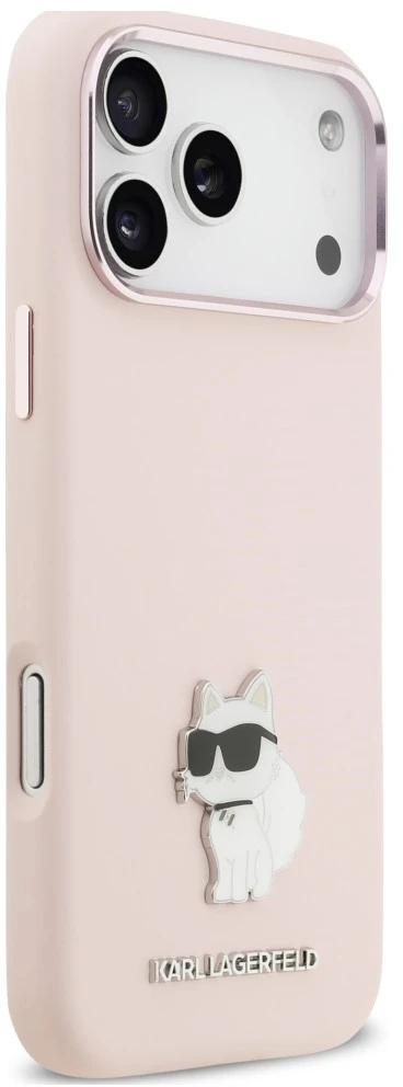 Karl Lagerfeld silikoninis Choupette metalinis kaištis dėklas, skirtas iPhone 18 Pro Max / 17 Pro Max, rožinis