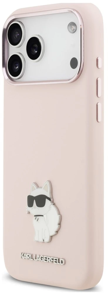 Karl Lagerfeld silikoninis Choupette metalinis kaištis dėklas, skirtas iPhone 18 Pro Max / 17 Pro Max, rožinis
