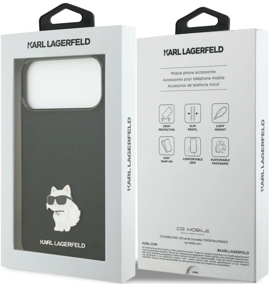 Karl Lagerfeld silikoninis Choupette metalinis pin dėklas, skirtas iPhone 18 Pro Max / 17 Pro Max, juodas