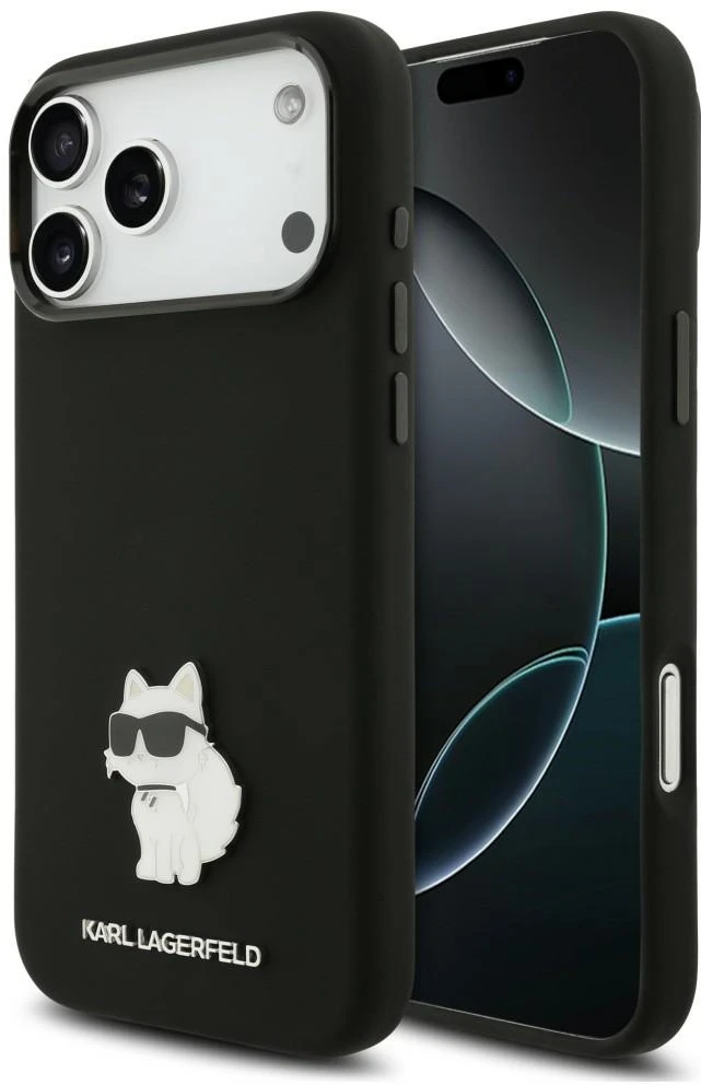 Karl Lagerfeld silikoninis Choupette metalinis pin dėklas, skirtas iPhone 18 Pro Max / 17 Pro Max, juodas