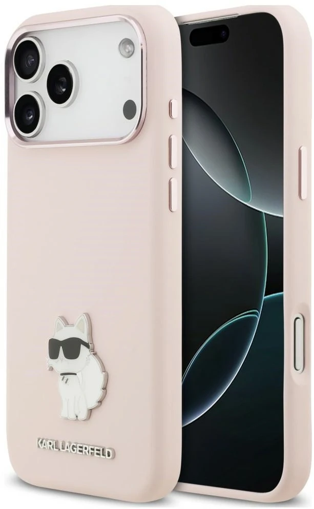 Karl Lagerfeld silikoninis Choupette metalinis kaištis dėklas, skirtas iPhone 18 Pro Max / 17 Pro Max, rožinis