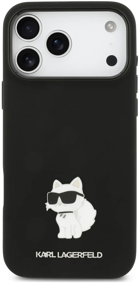 Karl Lagerfeld silikoninis Choupette metalinis pin dėklas, skirtas iPhone 18 Pro Max / 17 Pro Max, juodas