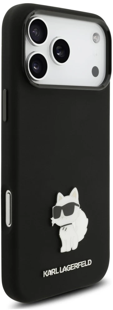 Karl Lagerfeld silikoninis Choupette metalinis pin dėklas, skirtas iPhone 18 Pro Max / 17 Pro Max, juodas
