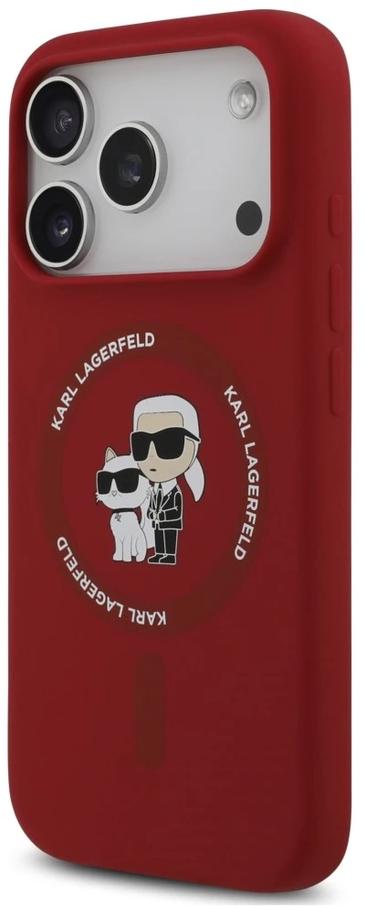 Karl Lagerfeld silikoninis Karl&Choupette žiedinis MagSafe dėklas, skirtas iPhone 18 Pro / 17 Pro, raudonas