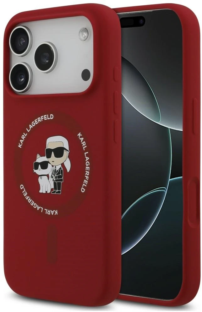 Karl Lagerfeld silikoninis Karl&Choupette žiedinis MagSafe dėklas, skirtas iPhone 18 Pro / 17 Pro, raudonas