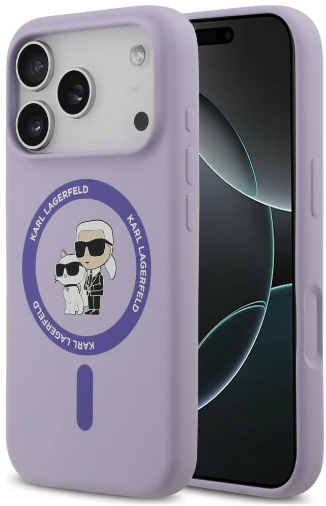 Karl Lagerfeld Silicone Karl&Choupette Ring MagSafe dėklas, skirtas iPhone 18 Pro / 17 Pro, violetinis