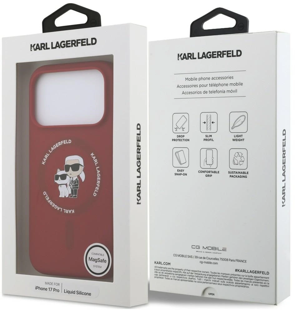 Karl Lagerfeld silikoninis Karl&Choupette žiedinis MagSafe dėklas, skirtas iPhone 18 Pro / 17 Pro, raudonas