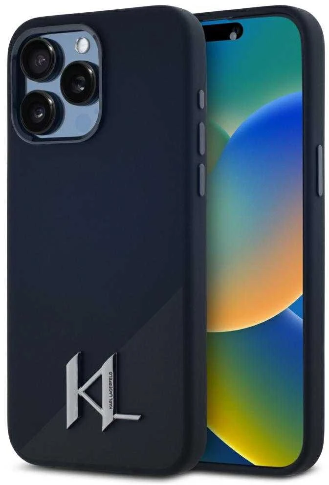 Karl Lagerfeld Silicone Shadow Metal Initial MagSafe dėklas, skirtas iPhone 15 Pro, juodos spalvos