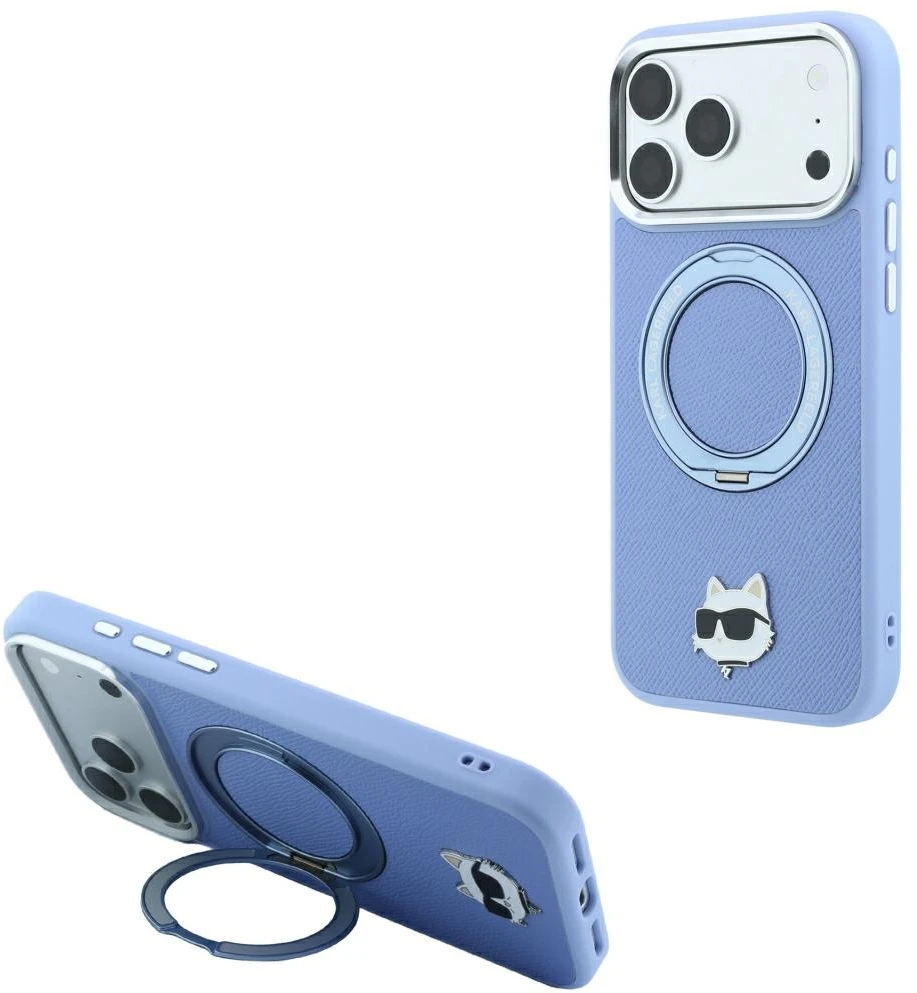 Karl Lagerfeld su 360° žiediniu stovu Choupette Head Pin MagSafe dėklas, skirtas iPhone 18 Pro Max / 17 Pro Max, šviesiai mėlynas
