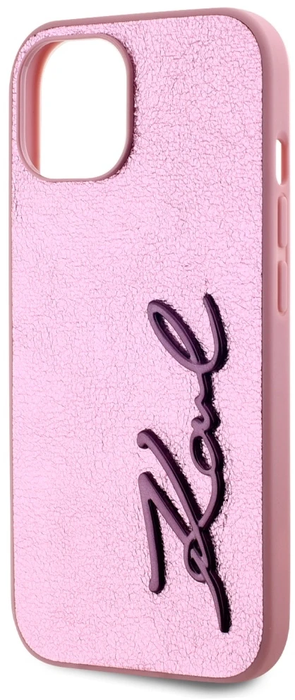 Dėklas Karl Lagerfeld Wrinkled Metal Signature Apple iPhone 15 rožinės spalvos