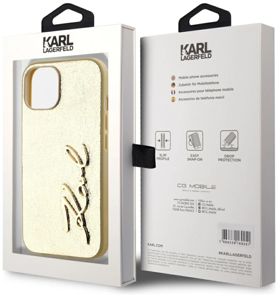 Dėklas Karl Lagerfeld Wrinkled Metal Signature Apple iPhone 15 auksinis