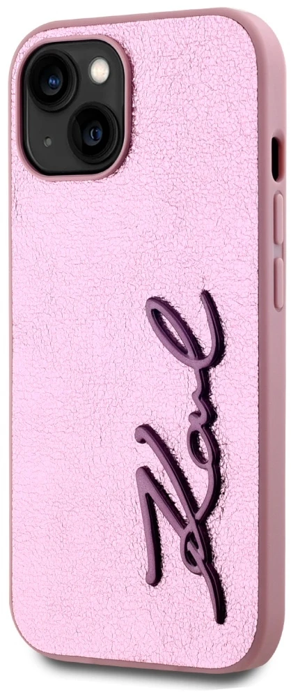 Dėklas Karl Lagerfeld Wrinkled Metal Signature Apple iPhone 15 rožinės spalvos