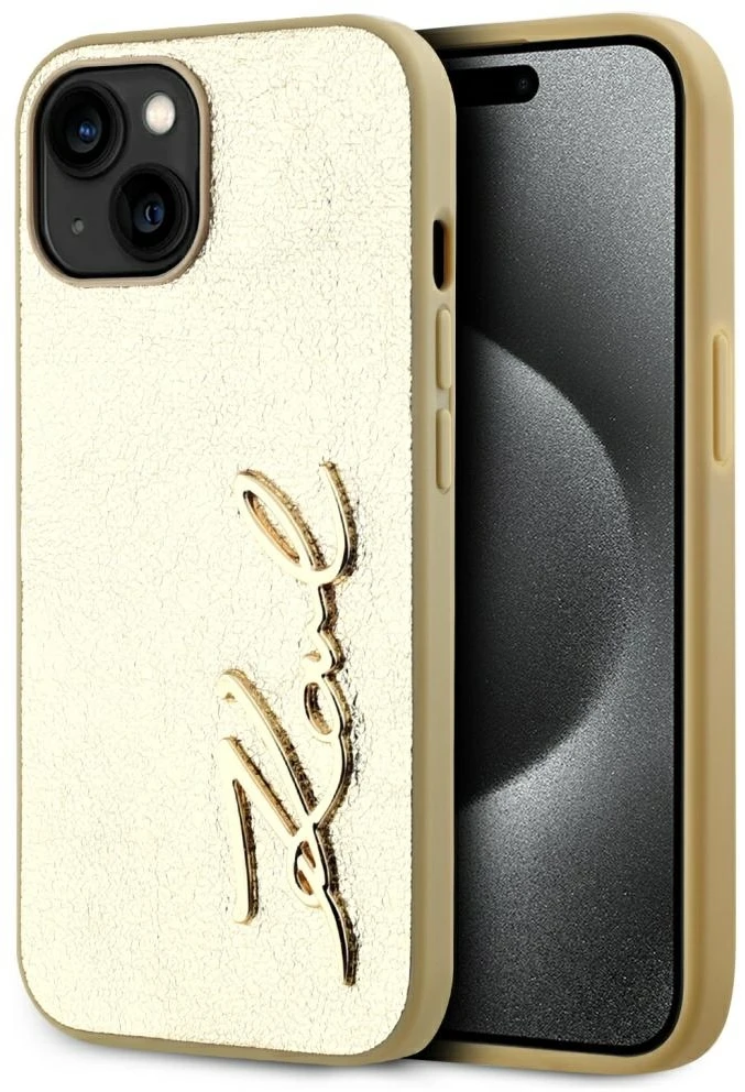 Dėklas Karl Lagerfeld Wrinkled Metal Signature Apple iPhone 15 auksinis